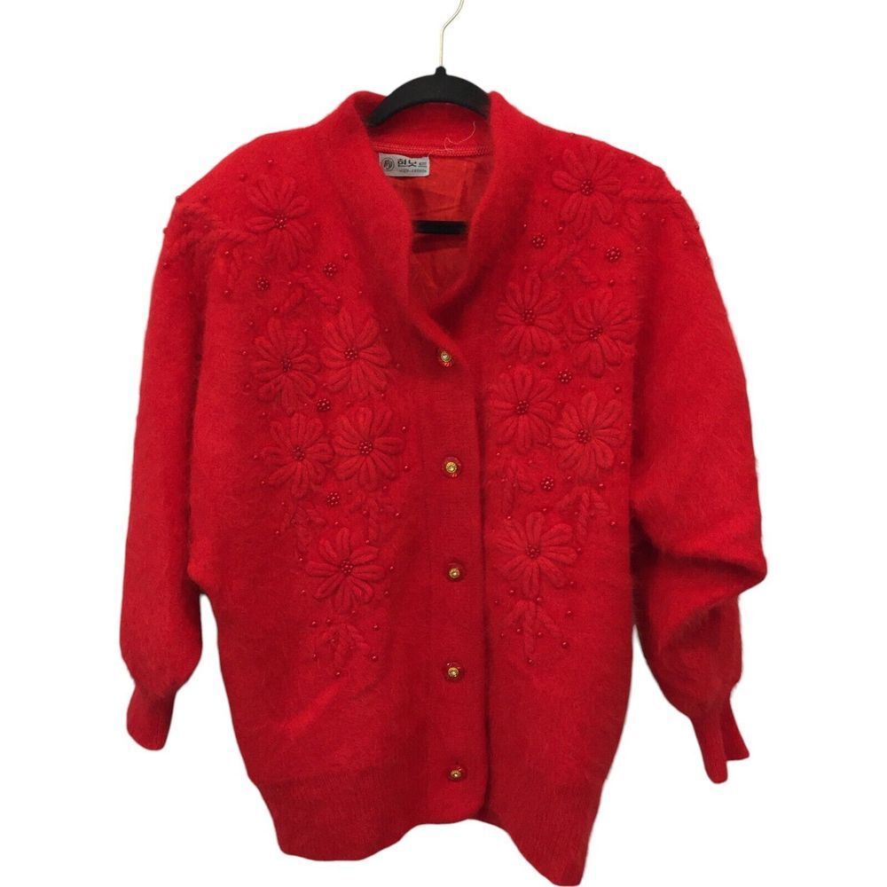 High Fashion String Knit Cardigan Sweater Red Floral Womens Long Sleeve‎